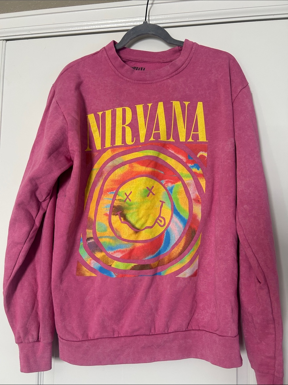 NIRVANA Magenta Crewneck with Multicolor Tie-Dye Smiley